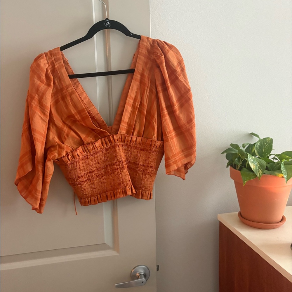 Anthropologie Orange Plaid Blouse with Puff Sleeves